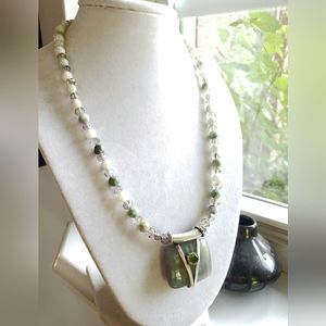New handmade necklace of Labradorite and peridot in silver surrounded by crystal